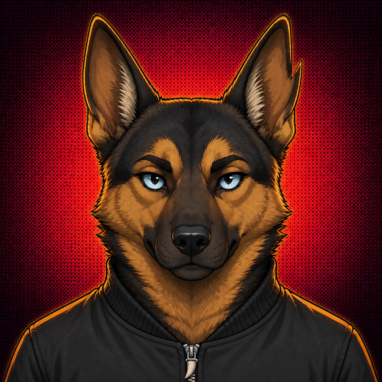 Blue-eyed Bonefang shepherd wearing a black jacket
